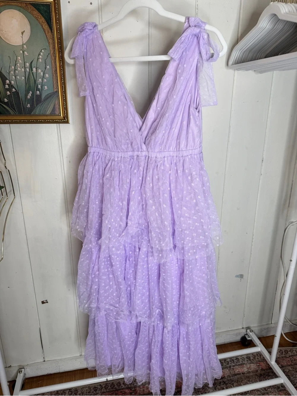 Lavender Tiered Swiss Dot Maxi Dress